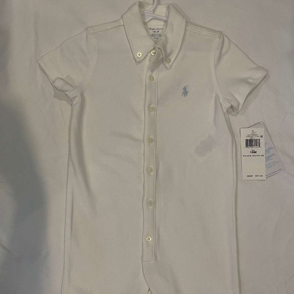 Ralph Lauren Boys One Piece  Outfit- White / blue stitched symbol - 18m - NWT